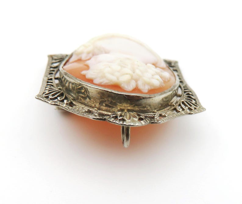 May include: A vintage cameo brooch featuring a carved profile set in a silver-toned filigree frame. The cameo has a peach-colored background with a white relief carving. The brooch is a classic piece of jewelry.