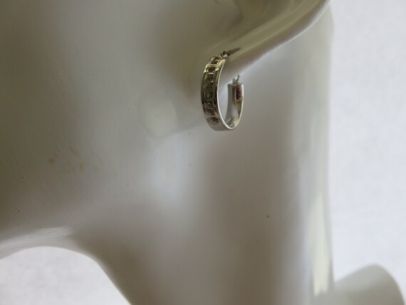 14K White Gold Flat Edged hoop Earrings W/CZ Clus… - image 3
