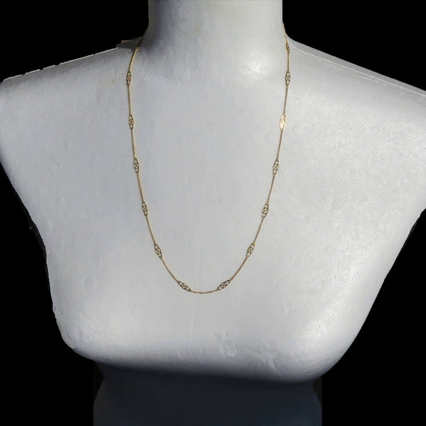 18K Solid Yellow Gold Uno-A-Erre Italy 24" Long Curb Link & Pierced Station Chain Necklace