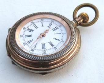 Antique Eclipse Two-tone, 800 Silver and Rose Gold Filled, Pin Set Women's Pocket Watch