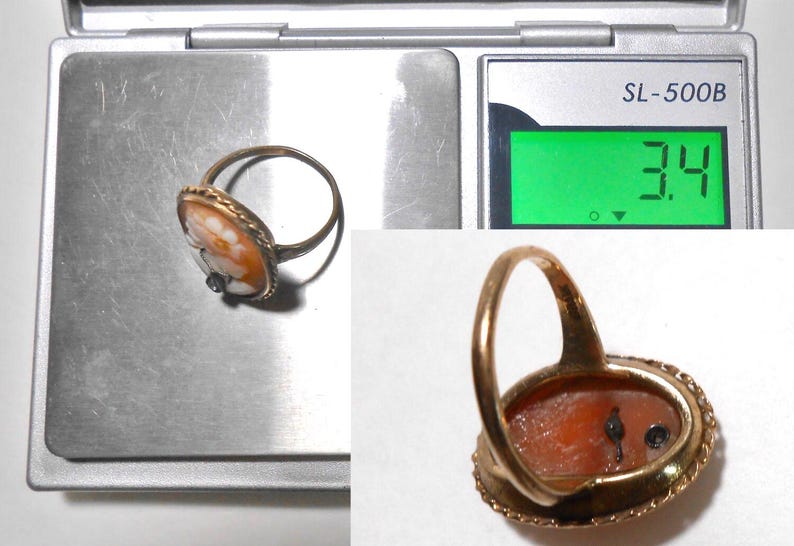 Anillo victoriano de oro rosa de 10 quilates con camafeo de concha y diamante, talla 6 3/4 imagen 5