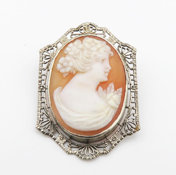 Victorian Era 10K Solid White Gold and Genuine Shell Cameo Women's brooch/pin/pendant