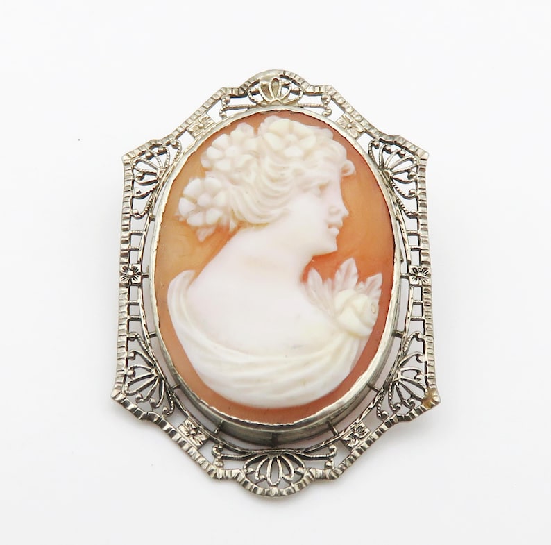 May include: Oval cameo brooch featuring a profile of a woman with flowers in her hair and a draped garment. The cameo is set in a decorative, openwork silver-toned frame. The cameo has a peach background and the woman is white.