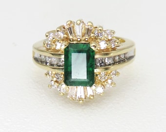 14K Gold Emerald & Diamond Flower Ring, Size 4.25