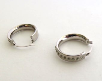 14K White Gold Flat Edged hoop Earrings W/CZ Cluster Row