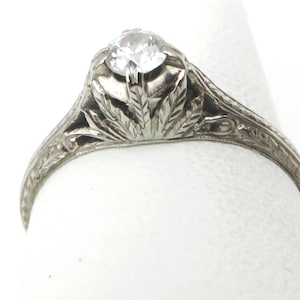 Antique 19K Solid White Gold Filigree Diamond Solitaire Ring, Size 5.5