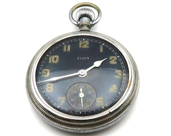 Elgin Military WII Pocket Watch, Black Dial, Chrome Plated