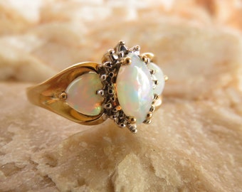 Art Deco 10K THL Solid Yellow Gold Prong Settings Genuine Angara Opals Women Ring Size 6 3/4 in Superb Condition