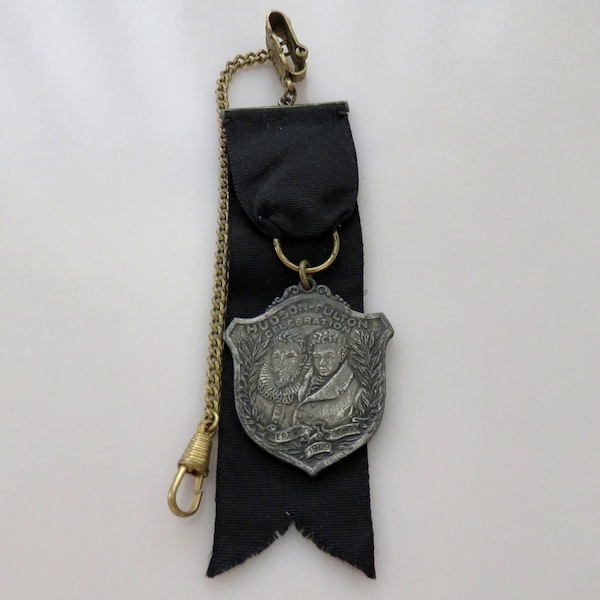 1909 Late Victorian Vest Pocket Watch Chain With Hudson-Fulton Celebration Medal Fob