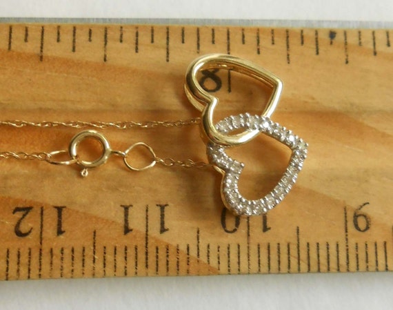 Vintage 14K Solid Yellow Gold Diamond Double Hear… - image 4