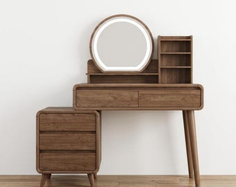 Modern Walnut Makeup Vanity with Mirror & Storage Cabinet