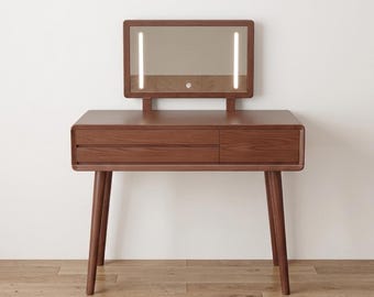 Modern Walnut Vanity Table Makeup Vanity Desk with smart Mirror