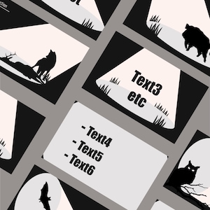 Op de afbeelding: Een verzameling zwart-wit grafische ontwerpsjablonen met silhouetten van dieren, waaronder een wolf, een zwijn, een vleermuis en een uil. De lay-outs bevatten spotlight-effecten en tekstvelden met de labels Title Project, Text3, Text4, Text5, Text6 en Question.