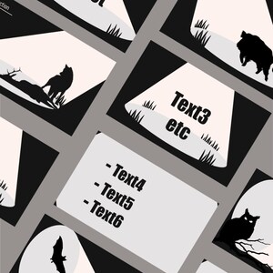 Puede incluir: Una colección de plantillas de diseño gráfico en blanco y negro con siluetas de animales que incluyen un lobo, un jabalí, un murciélago y un búho. Los diseños incorporan efectos de foco y campos de texto con las etiquetas Title Project, Text3, Text4, Text5, Text6 y Question.