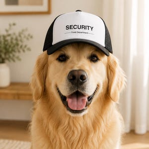 May include: A black and white trucker hat featuring the text SECURITY and Treat Department printed in black on the front panel. The hat has a solid white front, a black brim, and black mesh side and back panels, designed for a pet to wear.