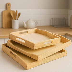 May include: A set of three rectangular light-coloured bamboo serving trays stacked on top of each other. Each tray features a flat base, low side walls, and integrated cutout handles on the sides for easy carrying and handling.