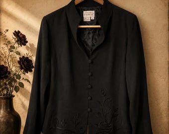 Vintage Adrianna Papell Black Embroidered Evening Jacket, Rose Floral Appliqué Size 12