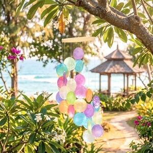 Rainbow Capiz Shell Wind Chime, Colorful Translucent Seashell Hanging Ornament, Coastal Wall Window Decor, Boho B&B Beach House（19.6inch）