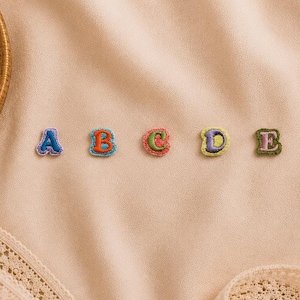 Può includere: Cinque piccole toppe ricamate dell'alfabeto con le lettere A, B, C, D ed E in vari colori. Le toppe sono disposte in una fila orizzontale accanto a un rocchetto di filo di legno in un cestino intrecciato, forbici in metallo e pizzo.