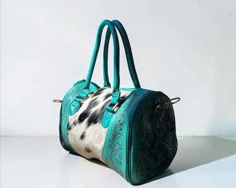 Turquoise Cowhide Speedy Bag, Tooled Leather Handbag, Western Embossed Purse