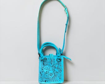 Turquoise Tooled Leather Mini Crossbody Bag, Western Floral Cowhide Purse