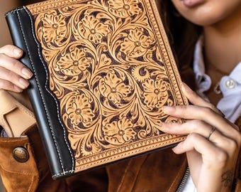 Custom Tooled Leather Portfolio, Western Floral Document Organizer, Handcrafted Business Folder Personalized Gift