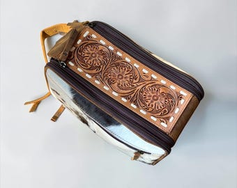 Handmade Tooled Leather Cosmetic Bag, Western Floral Cowhide Toiletry Pouch