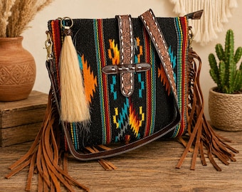 Aztec Fringe Sling Bag – Southwestern Boho Tote with Tooled Leather Details