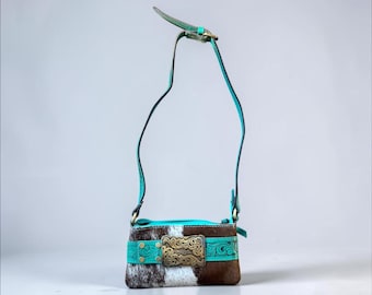 Cowhide Leather Crossbody Bag, Turquoise Western Purse, Tooled Leather Shoulder Bag (8.5" x 5")