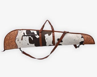 Western Cowhide Rifle Case, Tooled Leather Gun Cover, Hair-On Hide Rifle Bag, Handcrafted Cowboy Gun Scabbard, Rustic Western Hunting