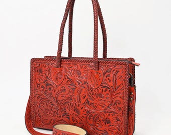 Hand Tooled Leather Shoulder Bag: Floral Design, Ranch Style Tote (10"H x 14"W)