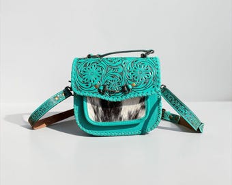 Turquoise Tooled Leather Crossbody Bag, Western Cowhide Purse, Embossed Boho Handbag