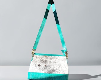 Turquoise Tooled Leather Cowhide Crossbody Bag, Western Rodeo Purse (14x8.5")