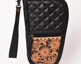 Black Quilted Leather Gun Cover, Tooled Floral Western Gun Case, Handcrafted Leather Pistol Holster, Cowboy Style Rustic Leather Gift
