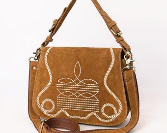 Handcrafted Suede Leather Western Crossbody Bag, Embroidered Cowboy Purse (9.5in H)