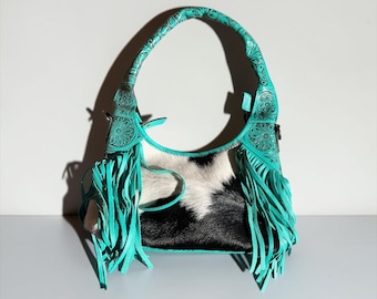 Personalized Turquoise Tooled Cowhide Fringe Shoulder Bag, Western Hair-On Hide Purse