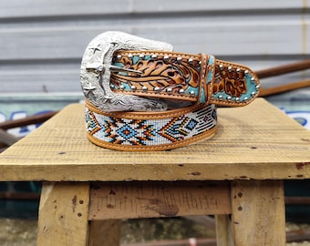 Handcrafted Western Beaded Leather Belt – Cowhide, Tooled, Studs, Engraved Buckle