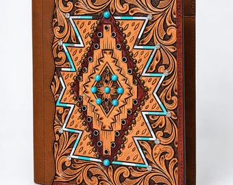Handcrafted Tooled Leather Portfolio, Turquoise Inlay Diary, Western Floral Journal