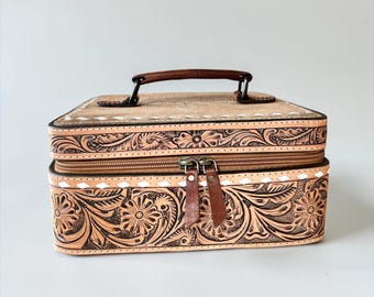 Western Cowhide Leather Travel Jewelry Case with Zipper – Portable Jewelry Organizer Storage Box