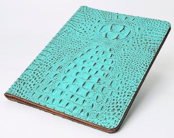 Turquoise Crocodile Embossed Leather Journal Cover, Handmade Travel Diary