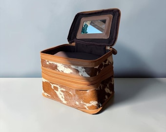 Personalized Cowhide Leather Jewelry Case with Mirror, Travel Organizer (10x6x8")