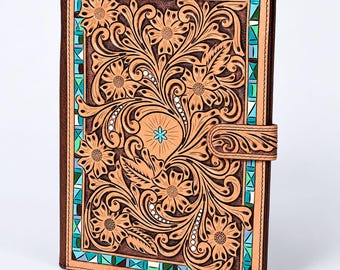 Handcrafted Tooled Leather Journal Cover, Floral Western Notebook, Turquoise Inlay Diary