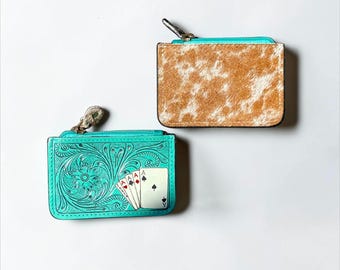 Handmade Tooled Leather Card Holder, Western Cowhide Coin Purse, Minimalist Gift