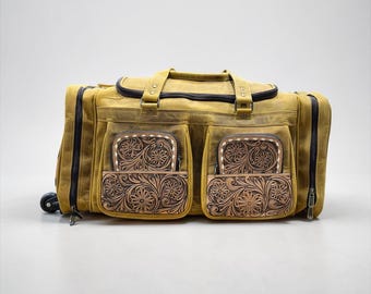 Western Tooled Leather Travel Duffel Bag: Floral Tooled Panels, Rolling Luggage