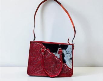 Red Tooled Cowhide Tote Bag, Western Floral Embossed Leather Purse (15" x 17")