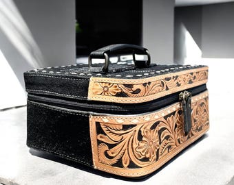 Handmade Black Leather Western Tooled Cosmetic Case – Floral Embossed Organizer (10x8x5")