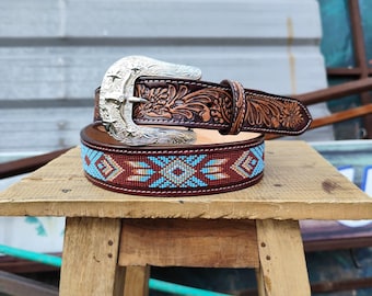 Handcrafted Tooled Leather Belt, Beaded Southwestern Design, Silver Buckle (Gift for Him)