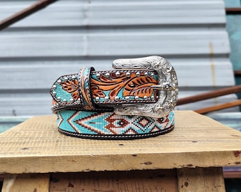 Turquoise Western Leather Belt with Beaded Southwestern Pattern & Ornate Silver Buckle