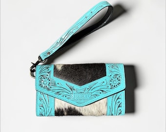 Turquoise Tooled Leather Cowhide Wristlet Clutch, Western Boho Purse