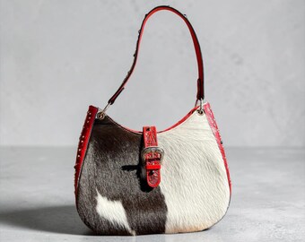 Personalized Red Cowhide Shoulder Bag, Tooled Leather Western Purse (22" L x 14" H x 6" W)